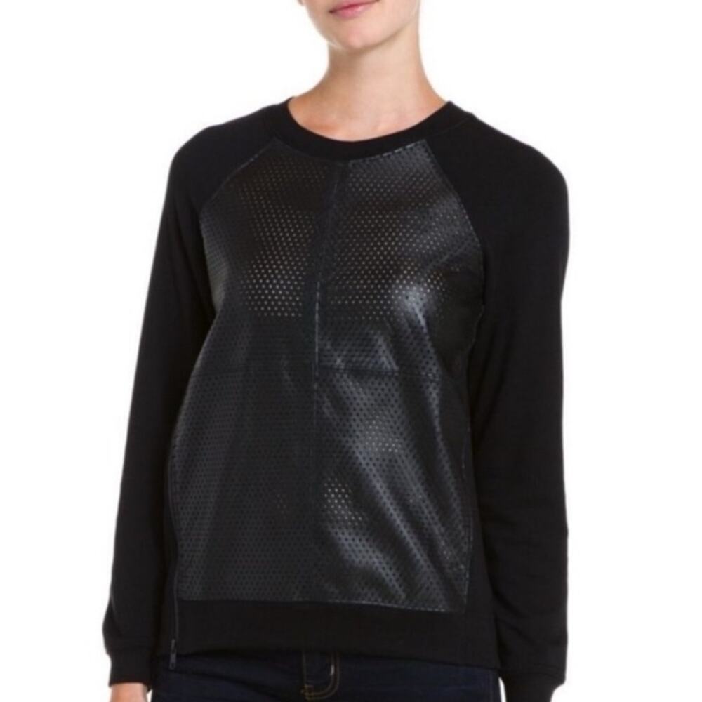 AIKO Perforated Leather Front Side Zip French Terry Black Sweatshirt L